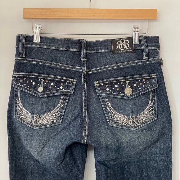 Rock & Republic Womens 4 Bootcut Denim Jeans Dark Wash Embellished Pockets *FLAW - Picture 5 of 16